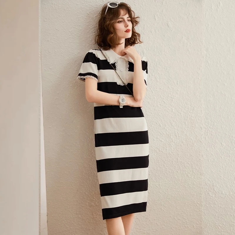 Faionable Collar Striped ort Sve Midi Dr Slimming Straight Cut T-irt Dr Korean Sle Summer Seasonal Wear
Faionable Collar Striped ort Sve Midi Dr Slimming Straight Cut T-irt Dr Korean Sle Summer Seasonal Wear
