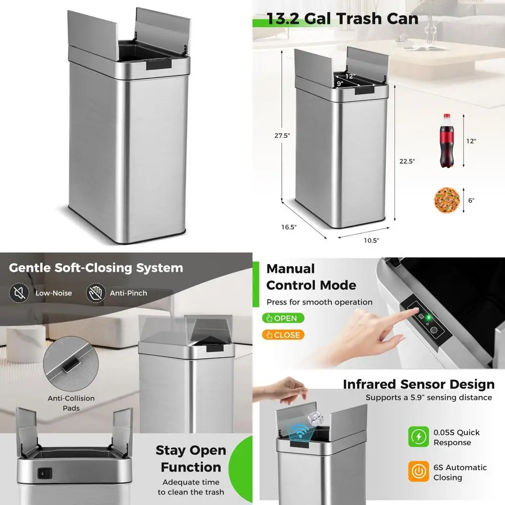 мусорный бак с автоматическим датчиком, тонкий кухонный бак из нержавеющей стали емкостью 13,2 галлона с крышкой для удаления инфракрасных отходов без помощи рук 
мусорный бак с автоматическим датчиком, тонкий кухонный бак из нержавеющей стали емкостью 13,2 галлона с крышкой для удаления инфракрасных отходов без помощи рук
