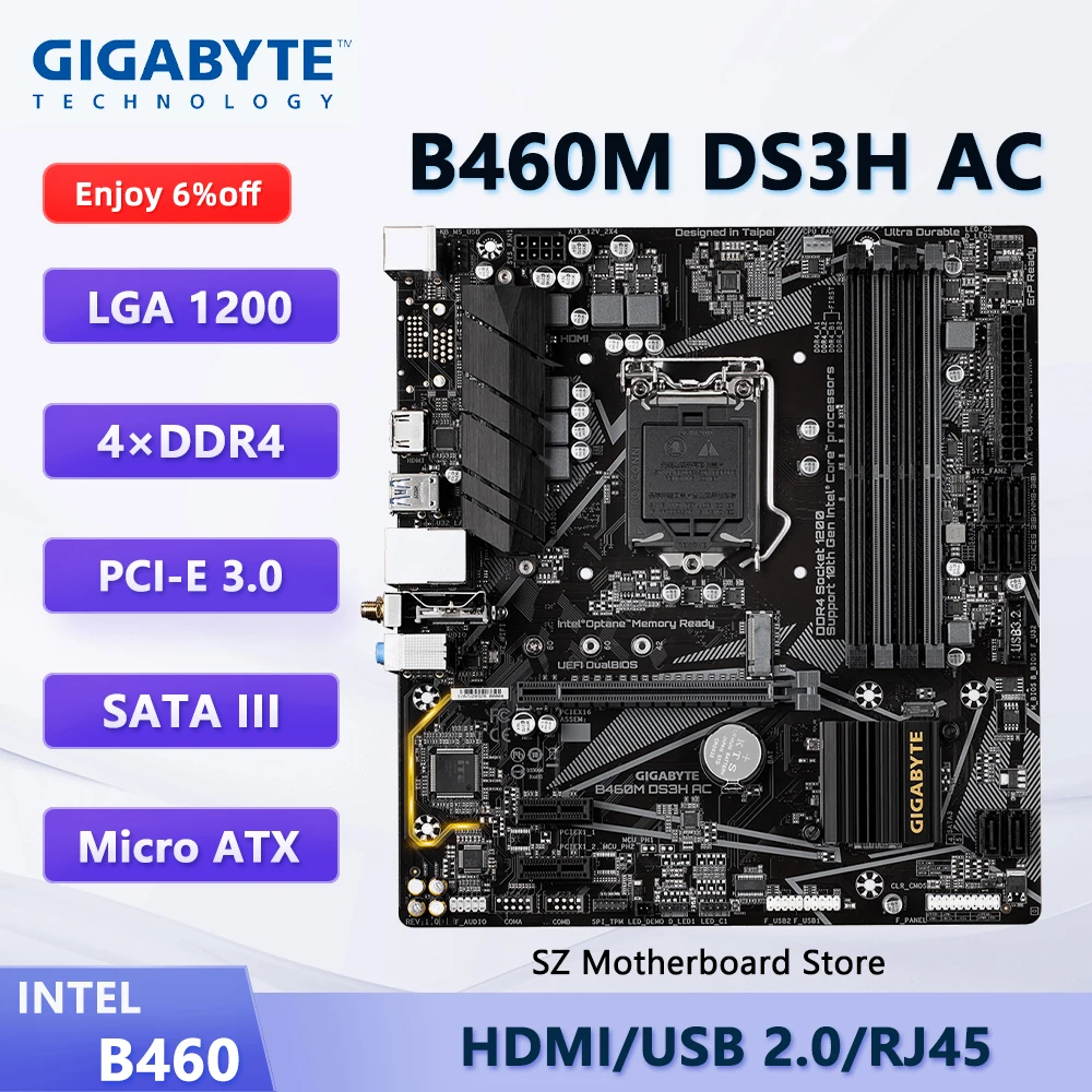 Материнская плата GIGABYTE B460M DS3H AC B460 LGA 1200, для i5-10400F i3-10100F i3-10100 i7-10700F, процессор DDR4 M.2 Micro ATX, материнская плата
Материнская плата GIGABYTE B460M DS3H AC B460 LGA 1200, для i5-10400F i3-10100F i3-10100 i7-10700F, процессор DDR4 M.2 Micro ATX, материнская плата