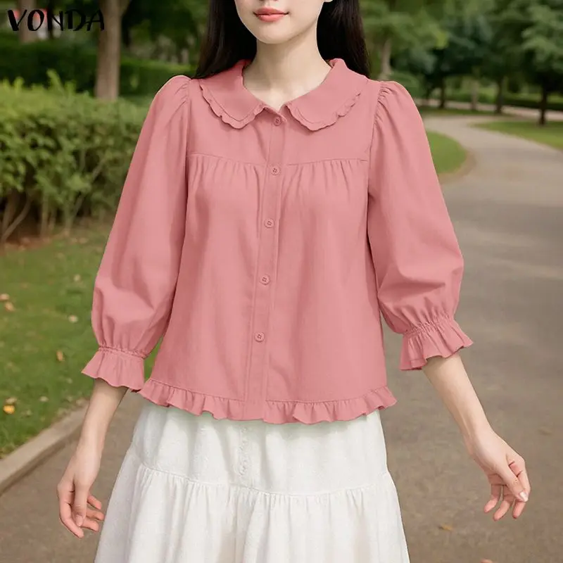 VONDA Summer Women Shirts 2026 Fashion 3/4 Puff Sleeve Solid Blouse Casual Loose Peter Pan Collar Buttons Streetwear Tunic Tops
VONDA Summer Women Shirts 2026 Fashion 3/4 Puff Sleeve Solid Blouse Casual Loose Peter Pan Collar Buttons Streetwear Tunic Tops
