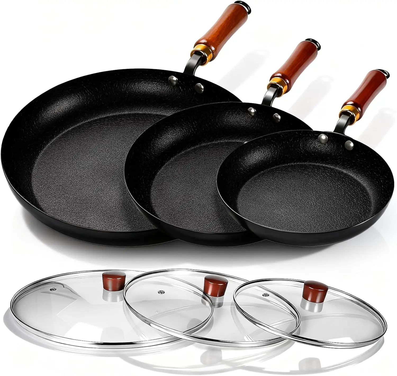 3-Pack Nonstick Frying Pans with Lids, 10"/11"/12.5" Omelet Skillets, Detachable Wooden Handles
3-Pack Nonstick Frying Pans with Lids, 10"/11"/12.5" Omelet Skillets, Detachable Wooden Handles