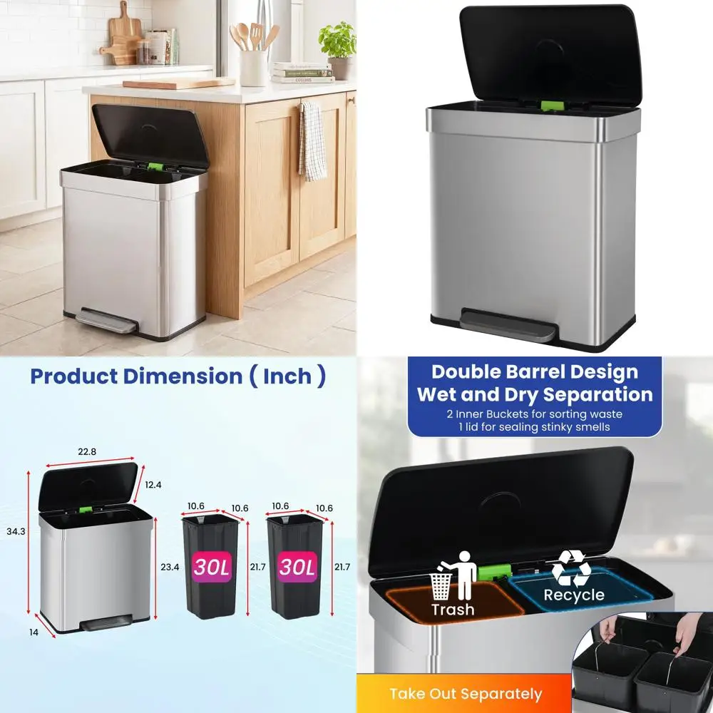 60L Dual Compartment Stainless Steel Trash Can with Removable Liners for Home, Kitchen, and Office
60L Dual Compartment Stainless Steel Trash Can with Removable Liners for Home, Kitchen, and Office