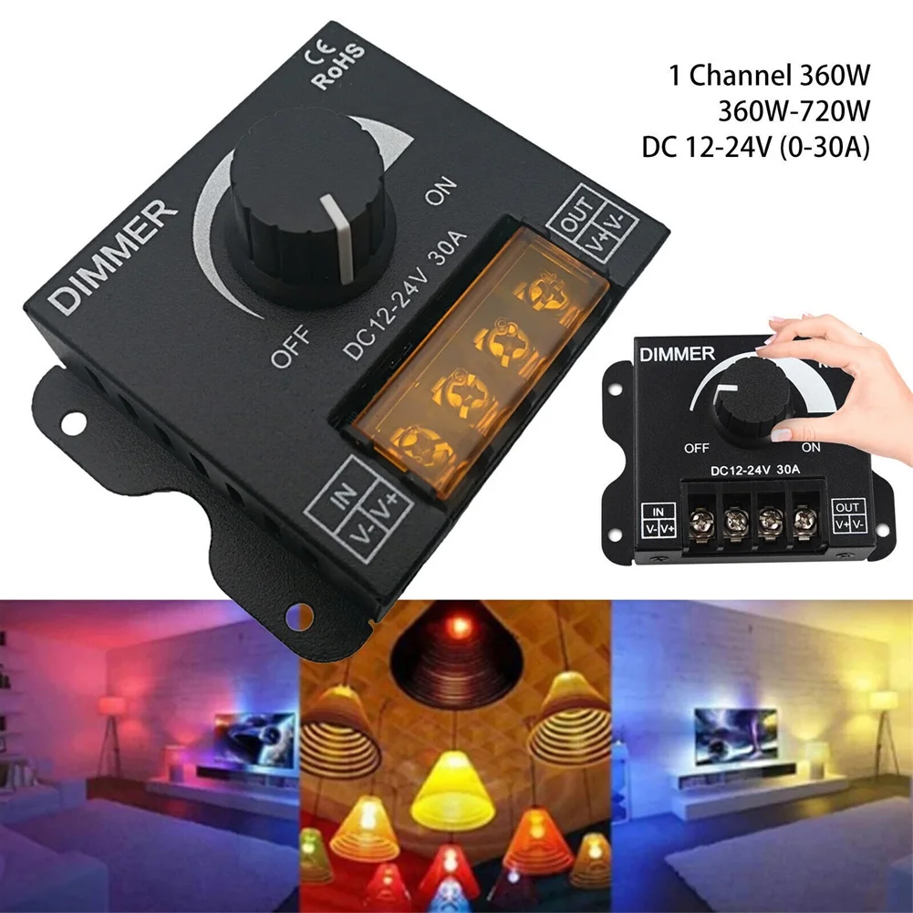 LED Light Strip Dimmer, DC 12V/24V 30A PWM-Dimming Controller, Knob Adjust Brightness ON/Off Switch For Single Color LED Lights
LED Light Strip Dimmer, DC 12V/24V 30A PWM-Dimming Controller, Knob Adjust Brightness ON/Off Switch For Single Color LED Lights