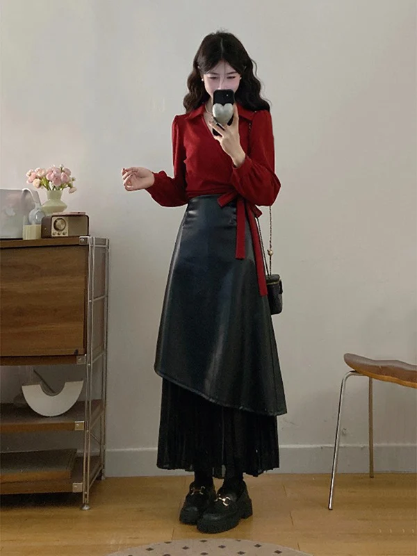 Red PU Leather Shirt And Skirt Set Women's Fashion Spring Collection High Waist Midi Skirt Two-Piece Suit Office Commute Style
Red PU Leather Shirt And Skirt Set Women's Fashion Spring Collection High Waist Midi Skirt Two-Piece Suit Office Commute Style