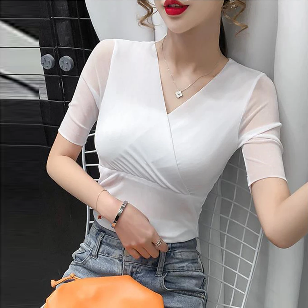 Women Black Red Purple White Shirt Slim Stretch Short Sleeve V-Neck Top Ladies Sexy Elastic Tees S-4XL Office Lady Basic T-shirt
Women Black Red Purple White Shirt Slim Stretch Short Sleeve V-Neck Top Ladies Sexy Elastic Tees S-4XL Office Lady Basic T-shirt