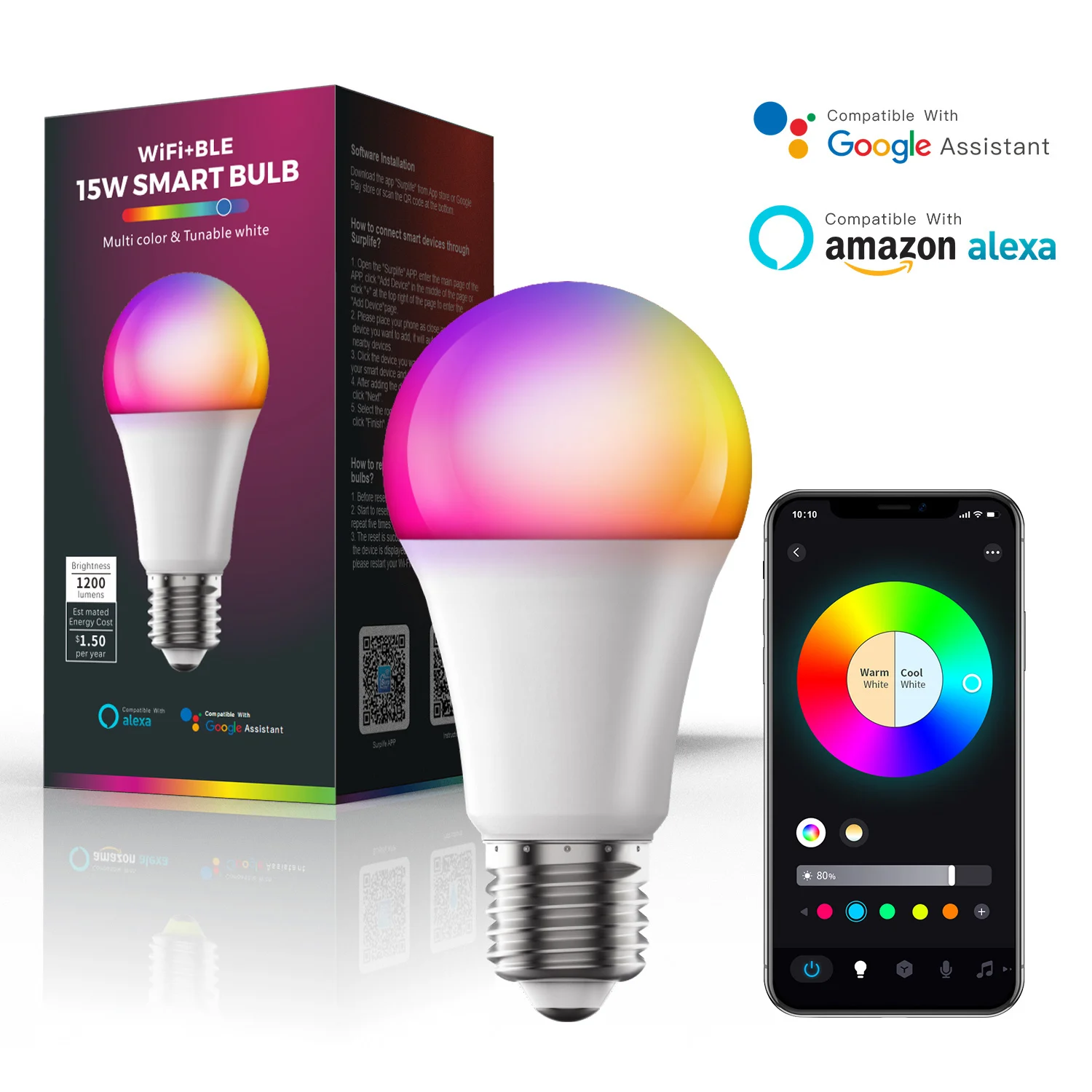 Smart Light Bulb 15W 110V WiFi E27 LED RGB Lamp Compatible With Alexa Google Assistant Siri Voice Control RGB+CCT Dimmable Timer
Smart Light Bulb 15W 110V WiFi E27 LED RGB Lamp Compatible With Alexa Google Assistant Siri Voice Control RGB+CCT Dimmable Timer