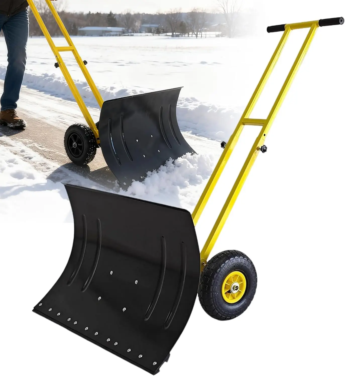Snow Shovel, 29” Wide Heavy-Duty Metal Snow Pusher, 10” Pneumatic Rubber Wheels, 7-Position Angled Blade
Snow Shovel, 29” Wide Heavy-Duty Metal Snow Pusher, 10” Pneumatic Rubber Wheels, 7-Position Angled Blade