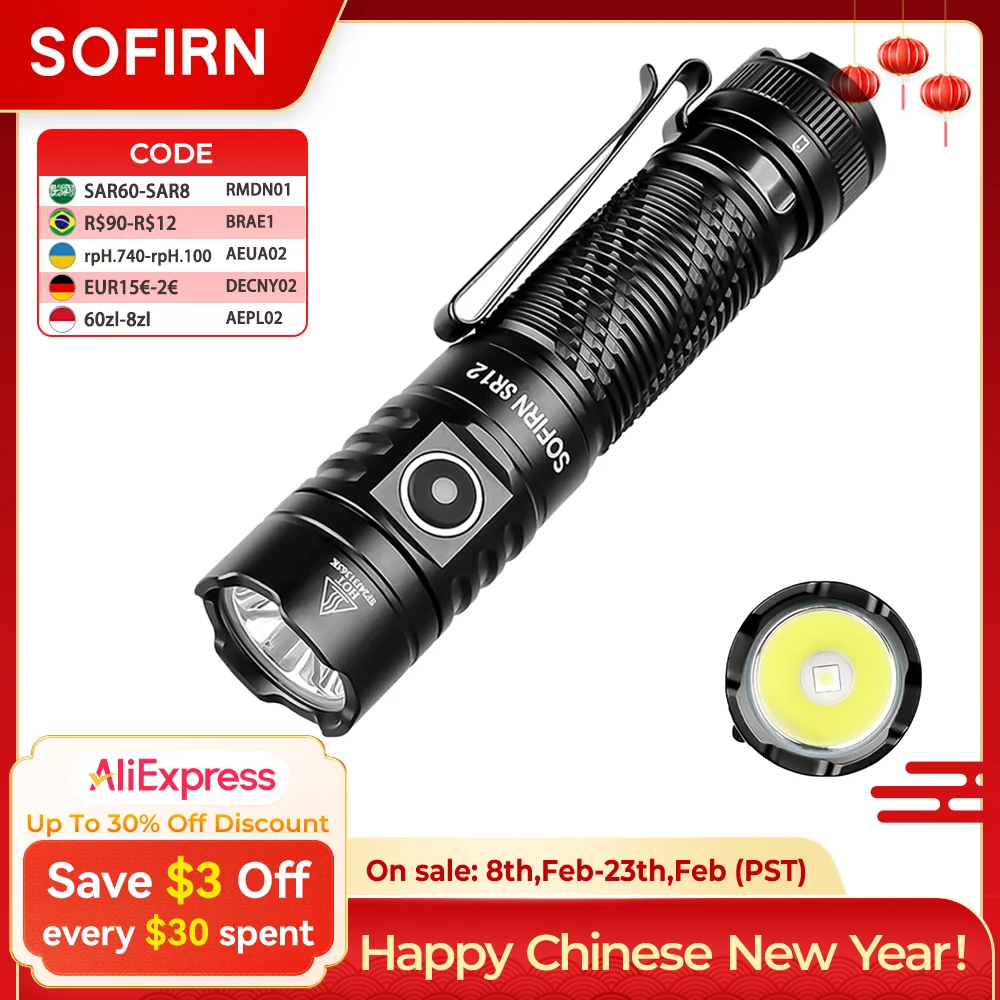 New Sofirn SR12 SFT25 LED 1450lm EDC Spot Flashlight 18650 USB C Rechargeable 6000K Powerful Light IP68 Torch
New Sofirn SR12 SFT25 LED 1450lm EDC Spot Flashlight 18650 USB C Rechargeable 6000K Powerful Light IP68 Torch