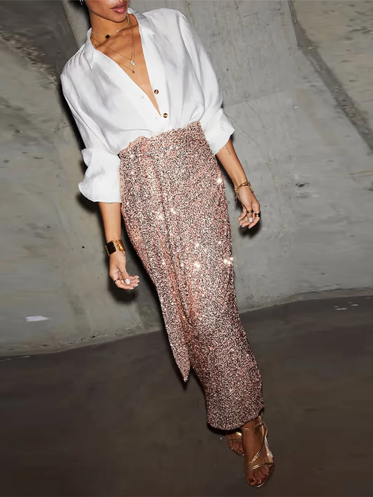 Shiny Sequin Long Women's Skirt Fashion Casual Solid Color Beach Party Skirts New Elegant Sexy Lace up Slim Fit Women Skirt
Shiny Sequin Long Women's Skirt Fashion Casual Solid Color Beach Party Skirts New Elegant Sexy Lace up Slim Fit Women Skirt
