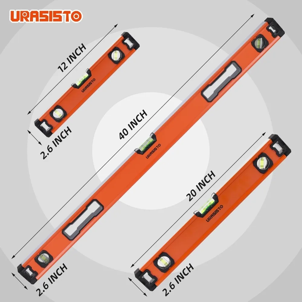 Набор из 3 спиртовых уровней, 12 дюймов, 20 дюймов, 40 дюймов, с магнитным торпедным уровнем, 45 ° /90 ° /180 ° Измерение пузырей, алюминиевый сплав
Набор из 3 спиртовых уровней, 12 дюймов, 20 дюймов, 40 дюймов, с магнитным торпедным уровнем, 45 ° /90 ° /180 ° Измерение пузырей, алюминиевый сплав