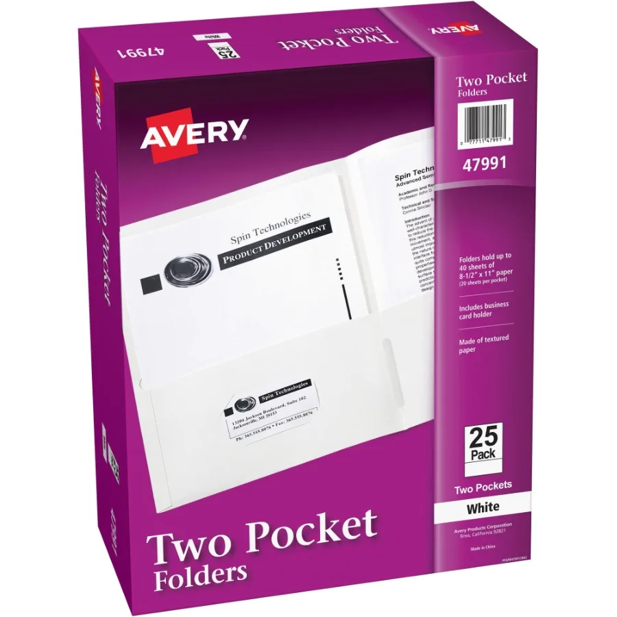 Avery® Letter Pocket Folder - 8 1 2" X 11" - 40 Sheet Capacity - 2 Internal Pocket s - White - 125 Carton
Avery® Letter Pocket Folder - 8 1 2" X 11" - 40 Sheet Capacity - 2 Internal Pocket s - White - 125 Carton