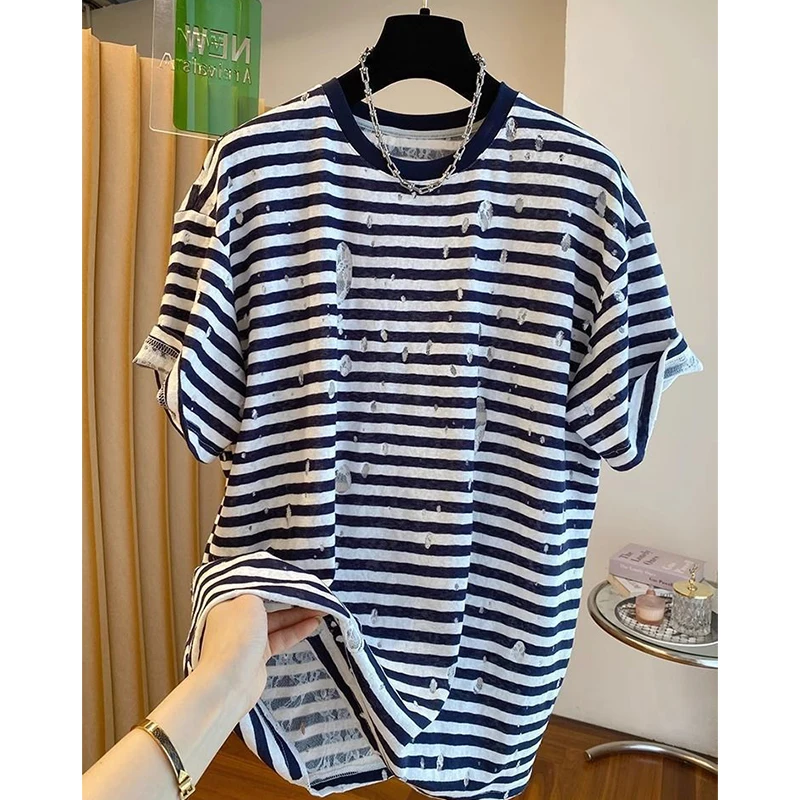 Women's Plus Size High-End European Style Summer Striped T-Shirt Vintage Casual Fashion Ripped Crew Neck Short Sleeve Tee Tops
Women's Plus Size High-End European Style Summer Striped T-Shirt Vintage Casual Fashion Ripped Crew Neck Short Sleeve Tee Tops