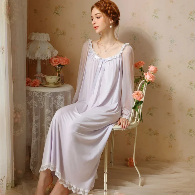 Fairy Solid Color Night Dress Vintage Women Lace Round Neck Nightdress Princess Sleepwear Spring Autumn Sweet Modal Nightgown
Fairy Solid Color Night Dress Vintage Women Lace Round Neck Nightdress Princess Sleepwear Spring Autumn Sweet Modal Nightgown