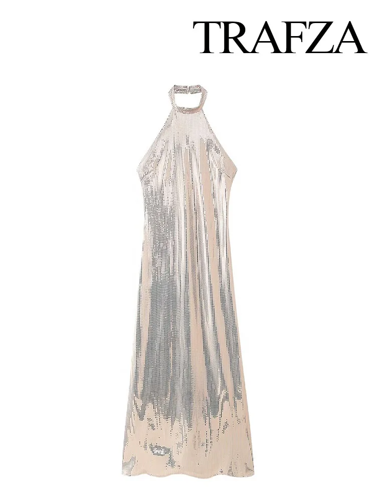 TRAFZA Summer Fashion Woman Dresses Golden Sequin Halter Neck Sleeveless Backless Decorate Female Zipper Beach Style Long Dress
TRAFZA Summer Fashion Woman Dresses Golden Sequin Halter Neck Sleeveless Backless Decorate Female Zipper Beach Style Long Dress