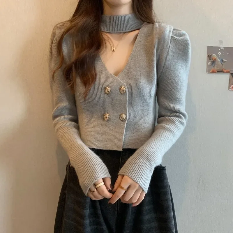 New Double Breasted Slim Tops French Puff Sleeve Hot Girl Y2k Sweater Ins Women Halter V Neck Short Knit Cardigan 2025
New Double Breasted Slim Tops French Puff Sleeve Hot Girl Y2k Sweater Ins Women Halter V Neck Short Knit Cardigan 2025