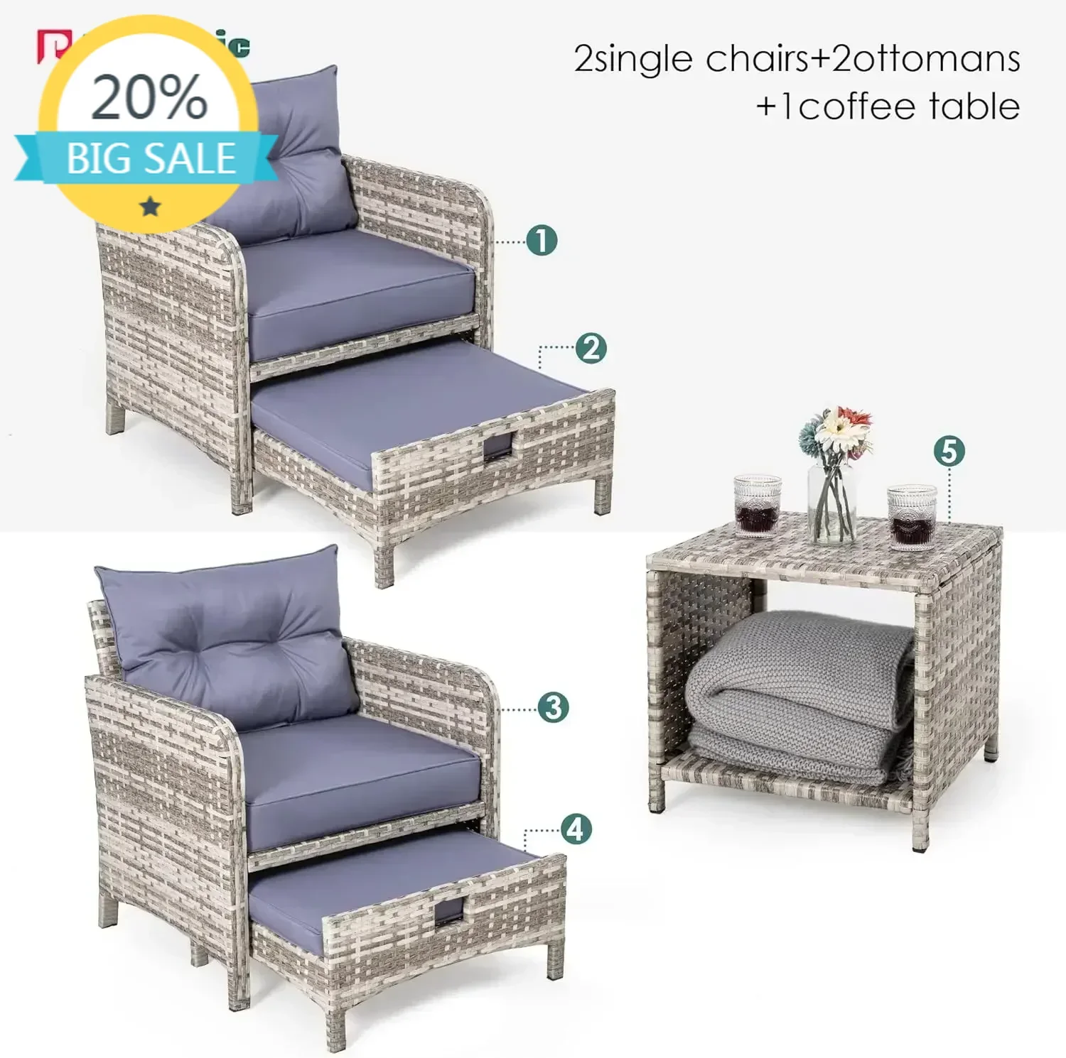 BestsellerHot salesXMSJ.5 Pieces Wicker Patio Furniture Set Outdoor Ottomans Conversation with coffetable Poorside Garden (Purpl
BestsellerHot salesXMSJ.5 Pieces Wicker Patio Furniture Set Outdoor Ottomans Conversation with coffetable Poorside Garden (Purpl