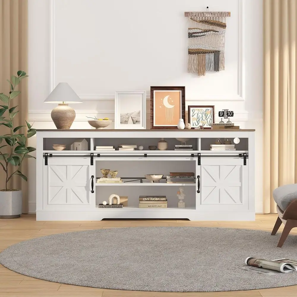 66" armhouse TV Stand or 75 Inch TV, Media ole with Power Outlets & USB Ports, Sliding Barn Do, Adjustable Shelves & Open Storag
66" armhouse TV Stand or 75 Inch TV, Media ole with Power Outlets & USB Ports, Sliding Barn Do, Adjustable Shelves & Open Storag