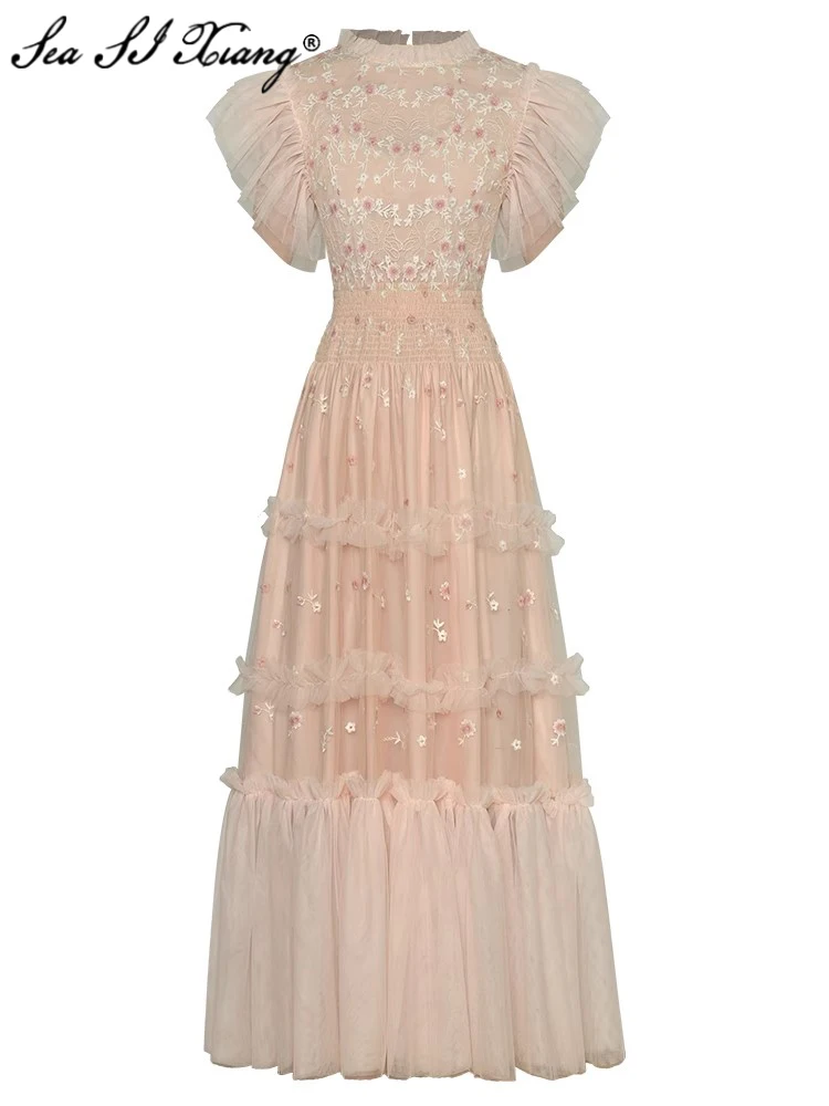 Seasixiang Fashion Designer Summer Mesh Dress Women O-Neck Flying Sleeve Flowers Embroidery Ruffle Elastic Waist Vintage Dresses
Seasixiang Fashion Designer Summer Mesh Dress Women O-Neck Flying Sleeve Flowers Embroidery Ruffle Elastic Waist Vintage Dresses