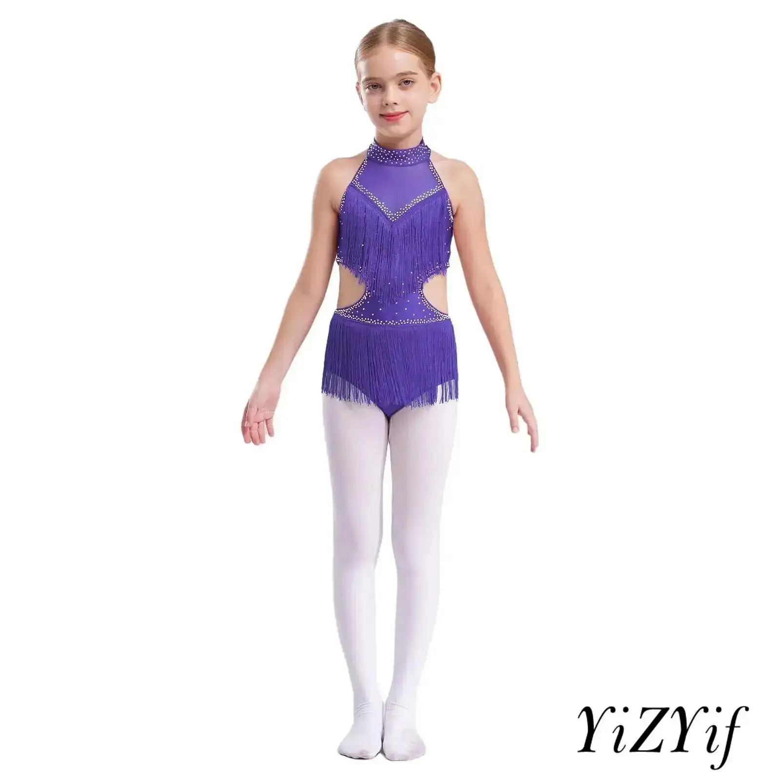 Kids Girls Latin Dance Leotard Sleeveless Fringed Sparkling Rhinestones Cutout Backless for Cha-Cha Tango Dance Competitions
Kids Girls Latin Dance Leotard Sleeveless Fringed Sparkling Rhinestones Cutout Backless for Cha-Cha Tango Dance Competitions