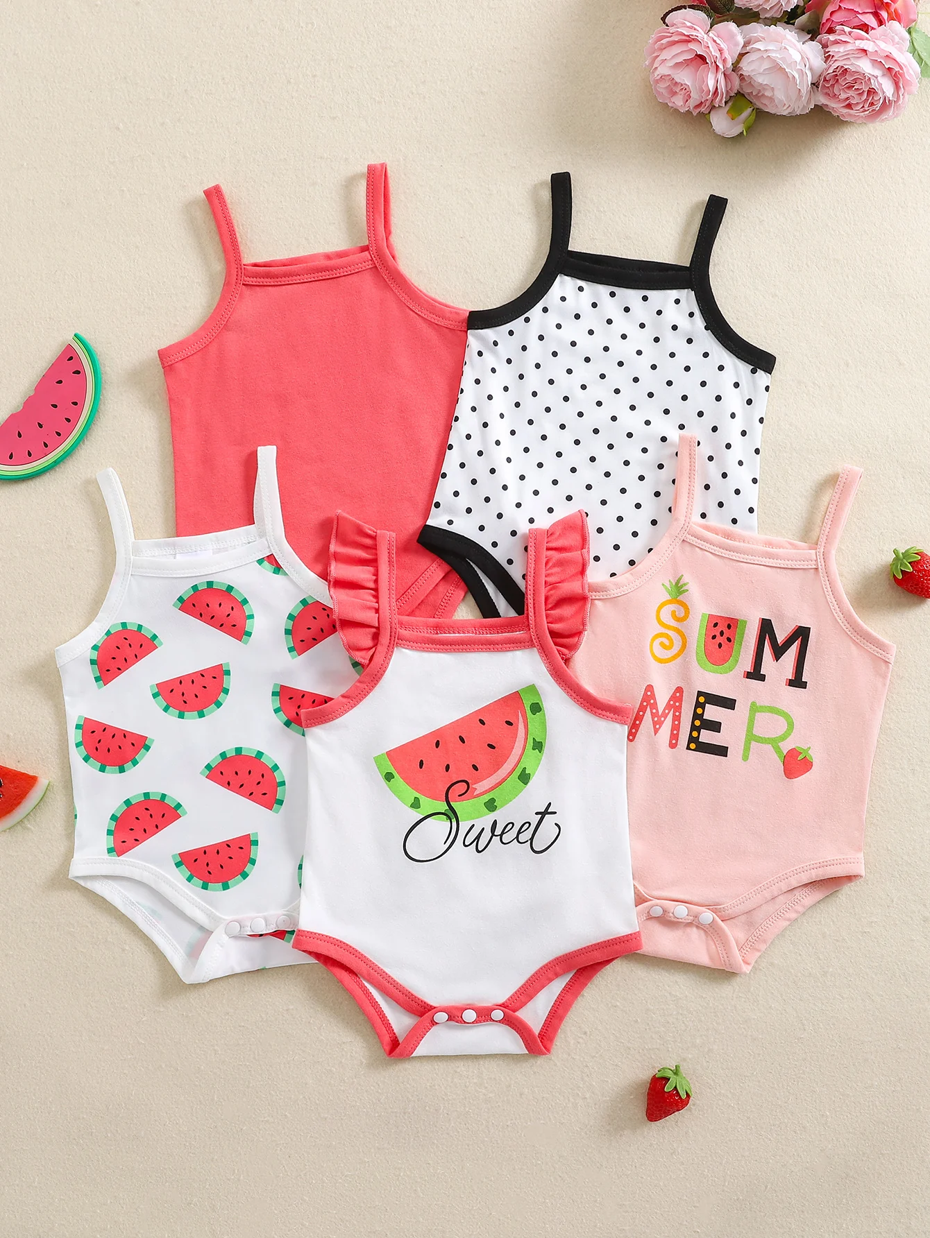 Baby Girl Spring and Summer Sweet Strap Romper with Popular Fruit Print, 5-Pack in Mixed Colors
Baby Girl Spring and Summer Sweet Strap Romper with Popular Fruit Print, 5-Pack in Mixed Colors