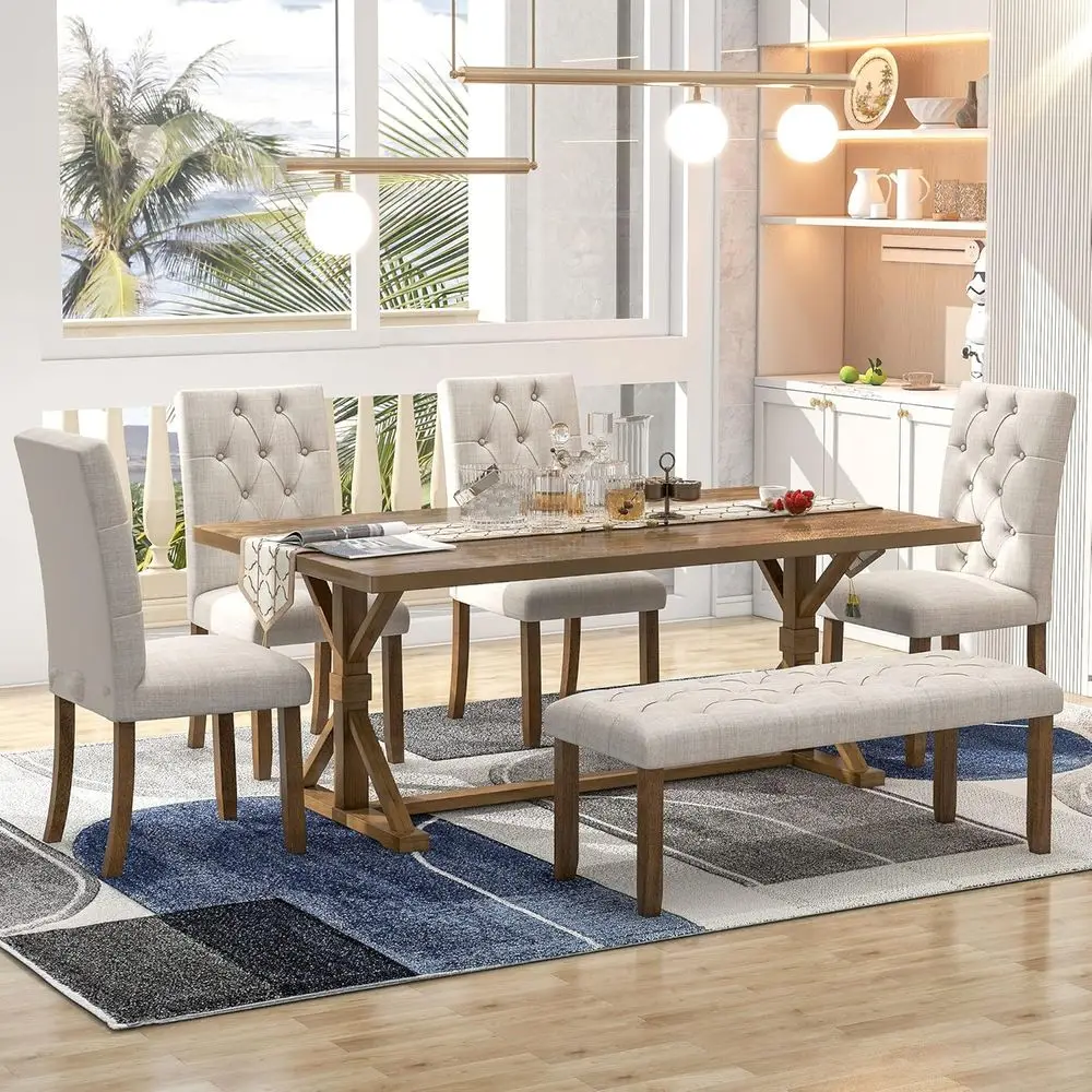 Walnut 72 Rectangular Dining Table Set with 4 Upholstered Chairs and Bench
Walnut 72 Rectangular Dining Table Set with 4 Upholstered Chairs and Bench