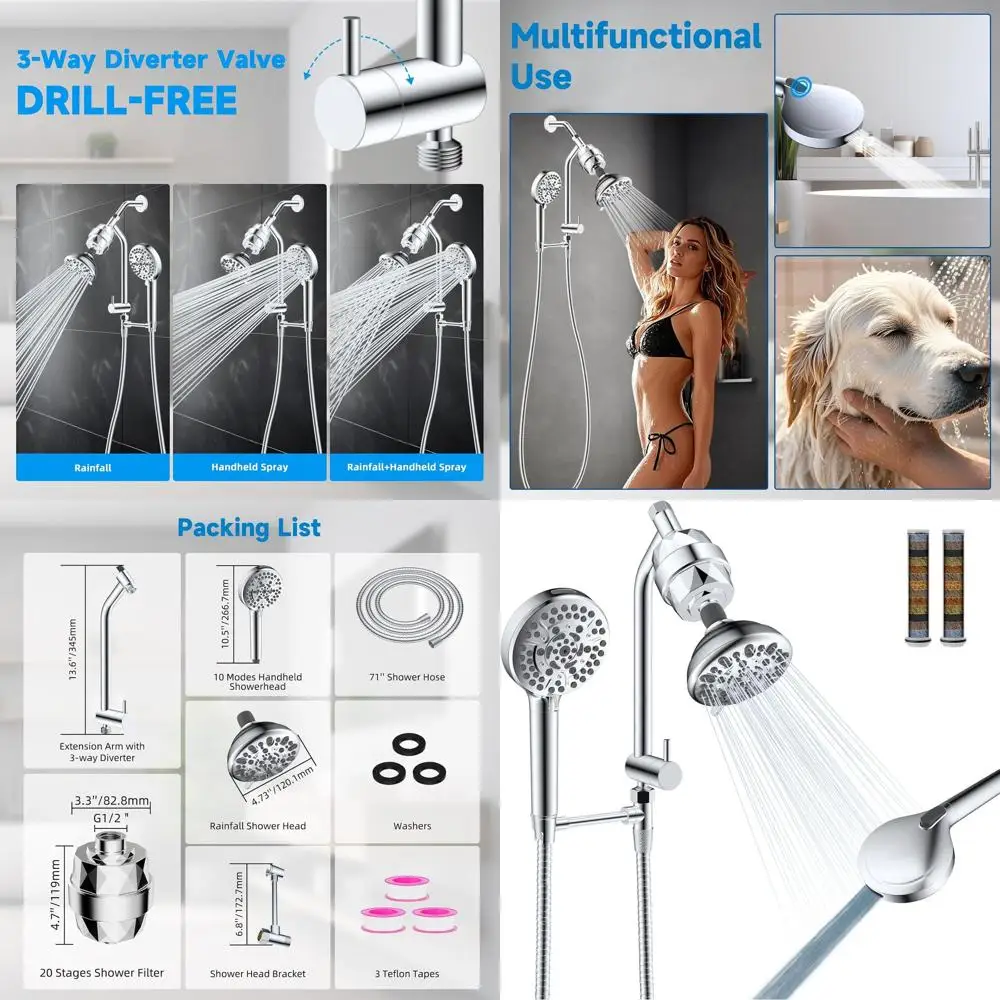 All-Metal Dual Shower Head with 70-Mode Rainfall and Handheld Spray, 3-Way High-Pressure, 71 Hose, Chrome Finish, 20-Stage Filte
All-Metal Dual Shower Head with 70-Mode Rainfall and Handheld Spray, 3-Way High-Pressure, 71 Hose, Chrome Finish, 20-Stage Filte