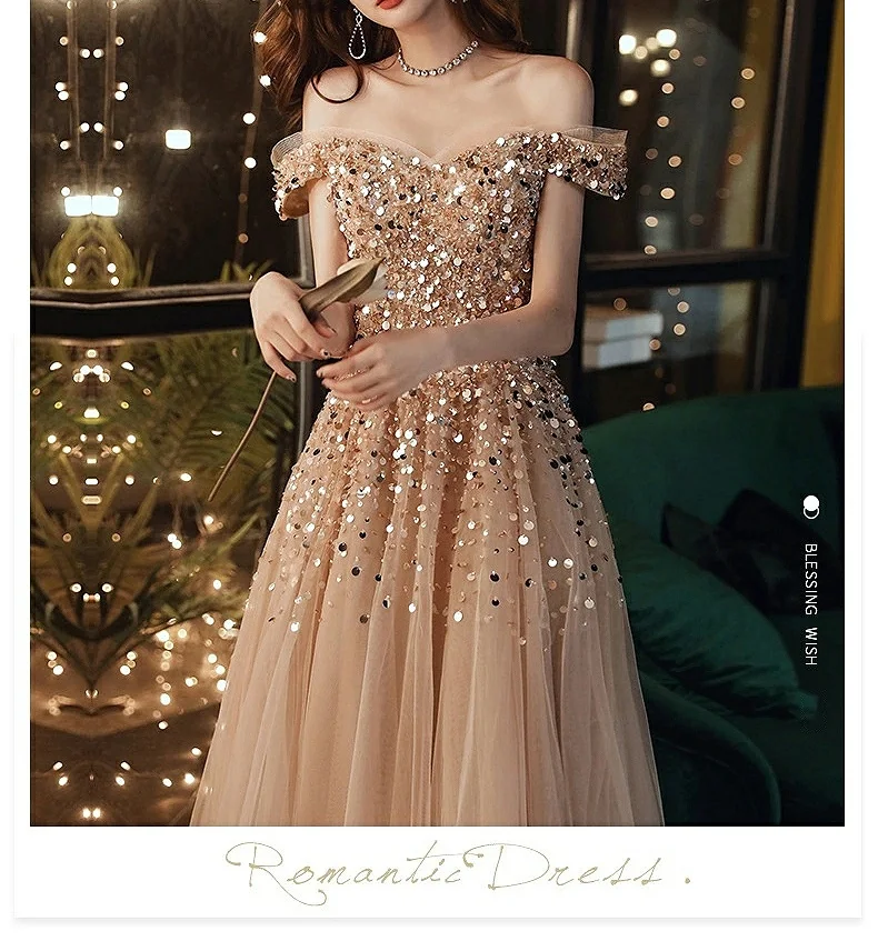 Sexy Champagne Gold Evening Dresses A-Line Off Shoulder Luxury Sequins Beading Long Wedding Formal Guests Party Prom Gowns 2022
Sexy Champagne Gold Evening Dresses A-Line Off Shoulder Luxury Sequins Beading Long Wedding Formal Guests Party Prom Gowns 2022