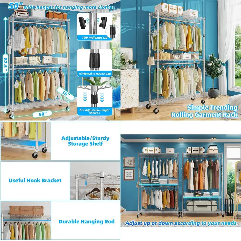 3-Tier Heavy Duty Rolling Clothes Organizer with Double Rods and Wheels, Chrome Finish
3-Tier Heavy Duty Rolling Clothes Organizer with Double Rods and Wheels, Chrome Finish