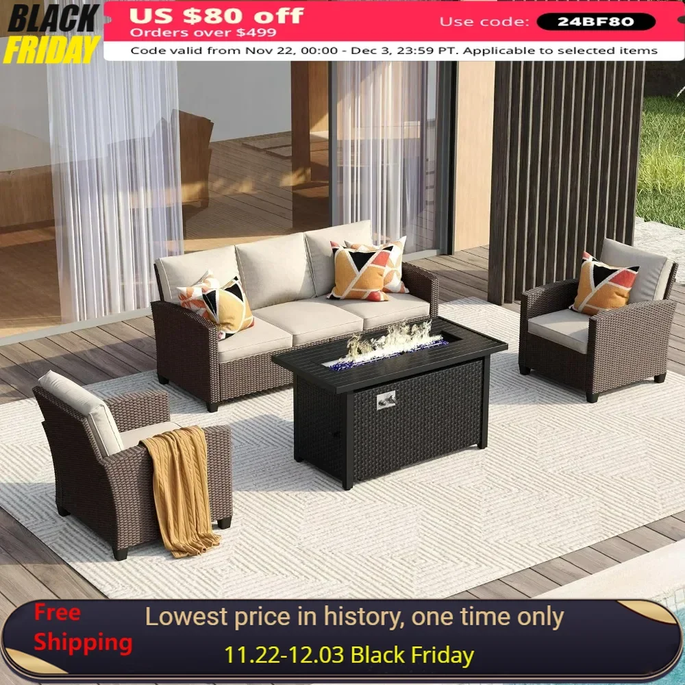 4 Pieces Outdoor Furniture Set, Patio Rattan Conversation Sets with Metal Fire Pit Table, 3-Seat Sofa Couch & Single Chairs
4 Pieces Outdoor Furniture Set, Patio Rattan Conversation Sets with Metal Fire Pit Table, 3-Seat Sofa Couch & Single Chairs