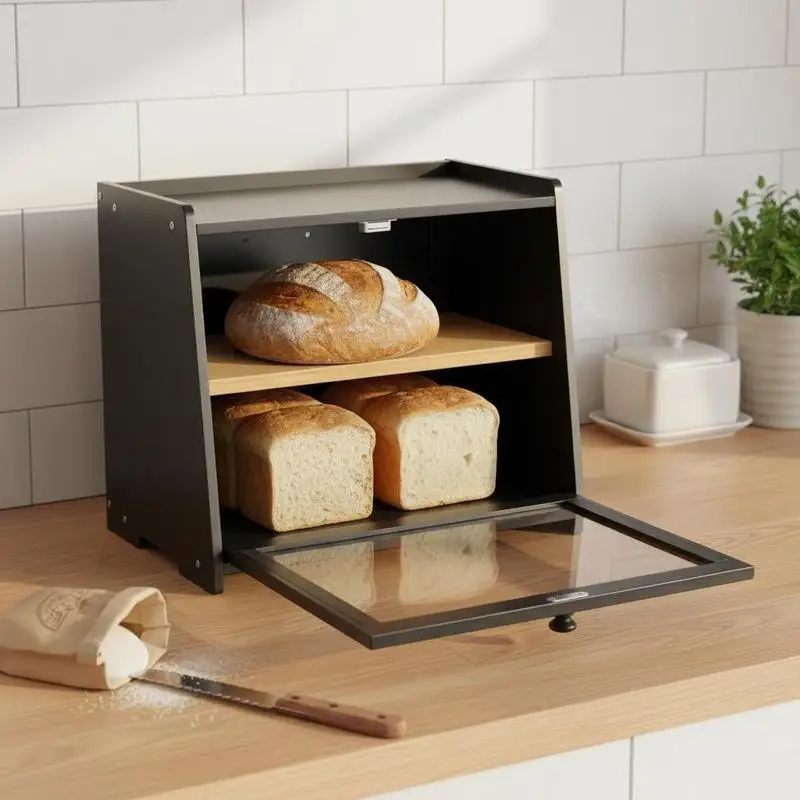 Double Layer Bread Box for Kitchen Counter, Large Capacity Bamboo Bread Storage Container, Farmhouse Wooden Breadbox for Homemade Bread, Storage Holder Bin with Acrylic Wavy Door Panel, Black
Double Layer Bread Box for Kitchen Counter, Large Capacity Bamboo Bread Storage Container, Farmhouse Wooden Breadbox for Homemade Bread, Storage Holder Bin with Acrylic Wavy Door Panel, Black