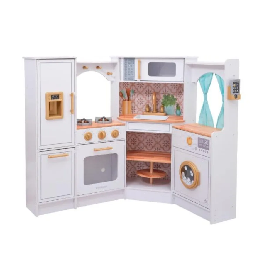 Ultimate Corner Wooden Play Kitchen with Lights Sounds, Play Phone and Curtains, White for Home Playroom Use
Ultimate Corner Wooden Play Kitchen with Lights Sounds, Play Phone and Curtains, White for Home Playroom Use