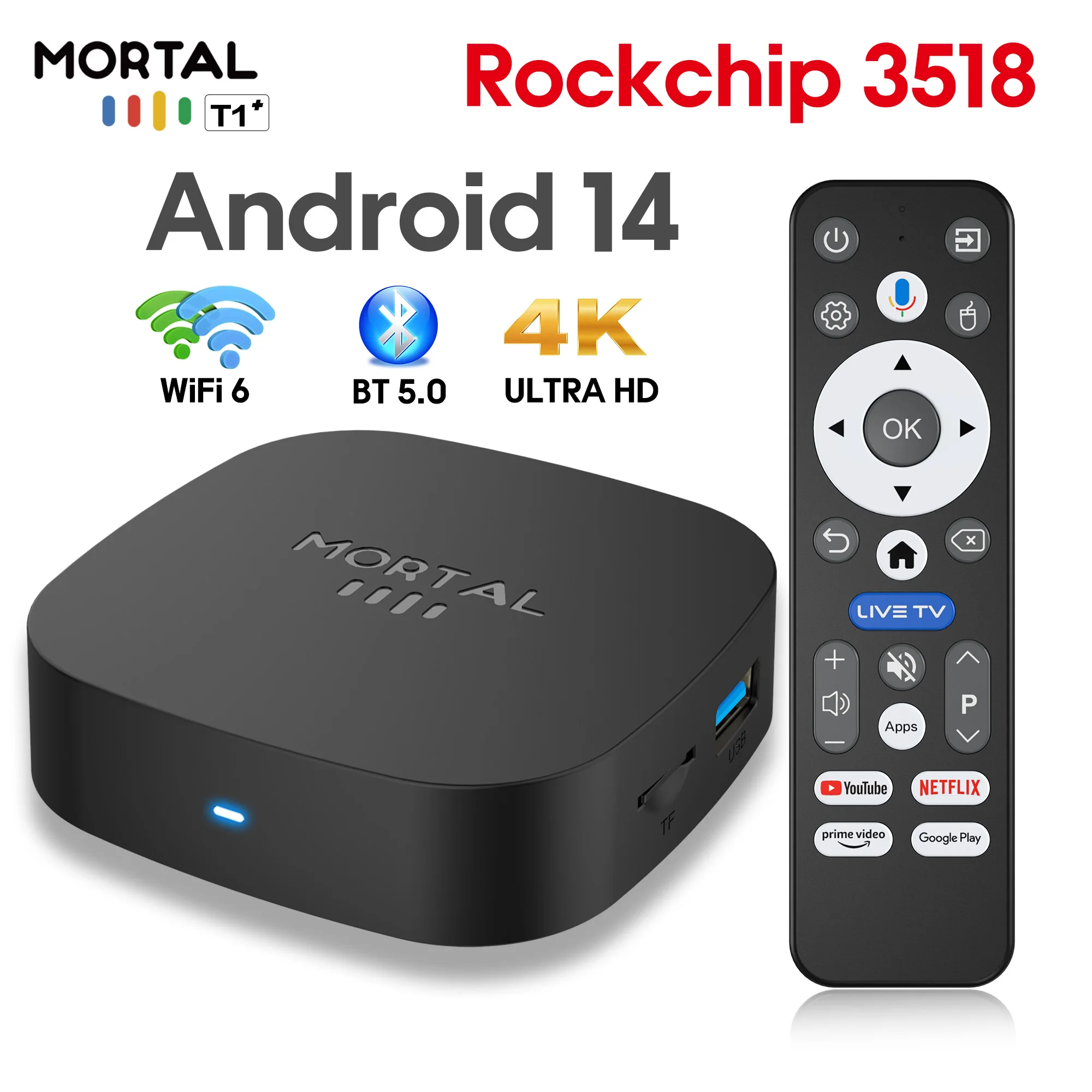 MORTAL Smart TV Box T1+ RK3518 Android 14 Dual System 2GB 16GB Support 4K Playback BT5.0 Wifi6 Home Media Set Top Box
MORTAL Smart TV Box T1+ RK3518 Android 14 Dual System 2GB 16GB Support 4K Playback BT5.0 Wifi6 Home Media Set Top Box
