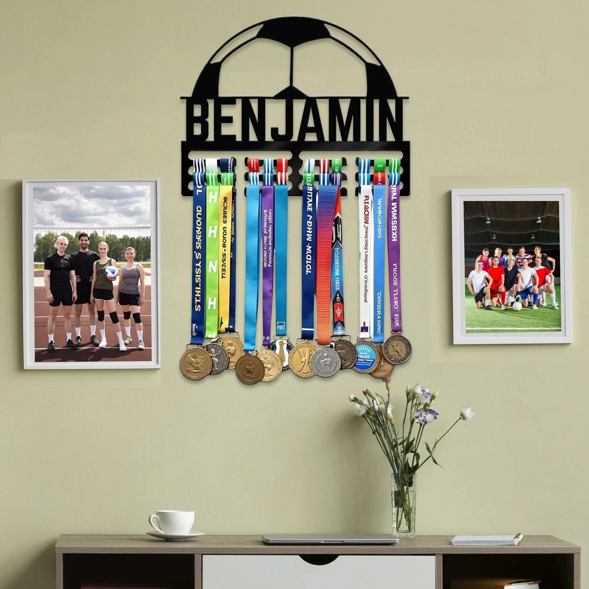 Custom Medal Hanger – Sports Display Rack with Soccer Ball Silhouette, Ribbons & Shelf Decor for Athlete’s Room or Achievement
Custom Medal Hanger – Sports Display Rack with Soccer Ball Silhouette, Ribbons & Shelf Decor for Athlete’s Room or Achievement