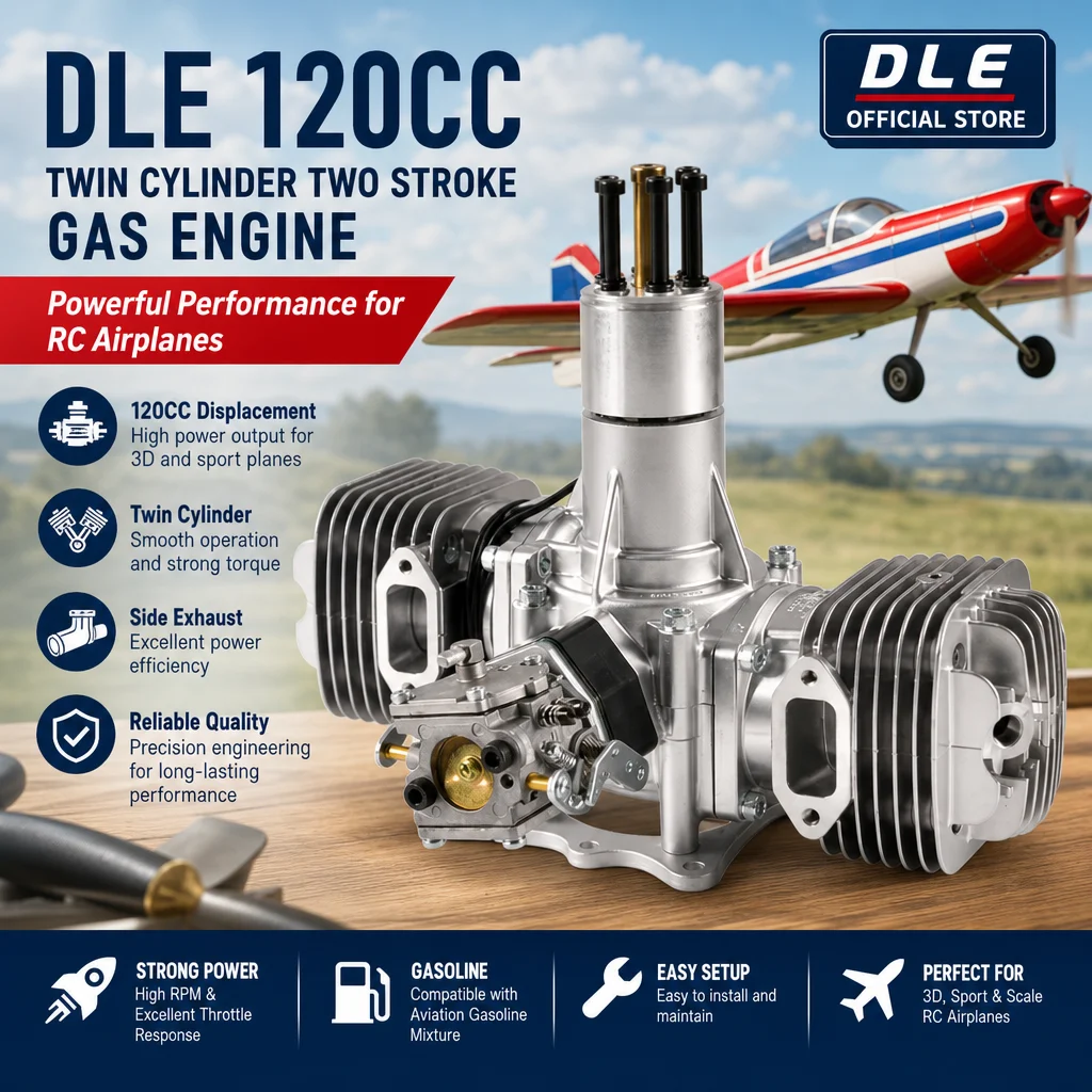 DLE 120CC Twin Cylinder Two Stroke Side Exhaust Gas Engine for RC Airplane
DLE 120CC Twin Cylinder Two Stroke Side Exhaust Gas Engine for RC Airplane