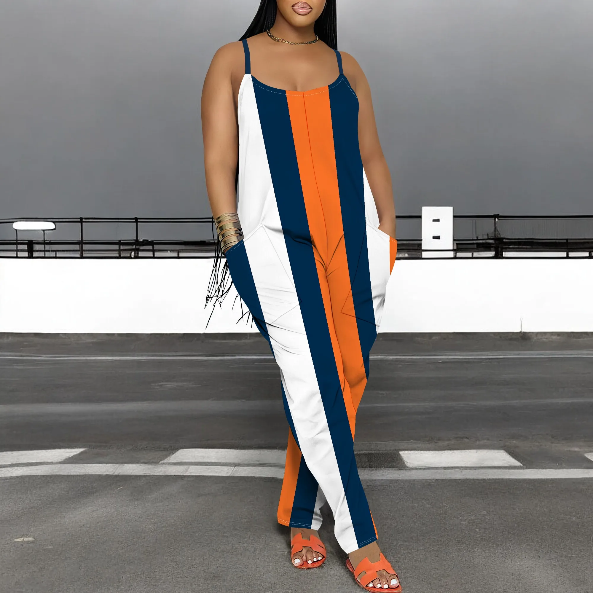Striped Color Block Jumpsuit for Women Sleeveless Casual Loose Fit Wide Leg Spaghetti Strap
Striped Color Block Jumpsuit for Women Sleeveless Casual Loose Fit Wide Leg Spaghetti Strap