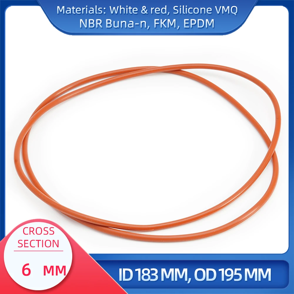 O Ring CS 6 mm ID 183 mm OD 195 mm Material With Silicone VMQ NBR FKM EPDM ORing Seal Gask
O Ring CS 6 mm ID 183 mm OD 195 mm Material With Silicone VMQ NBR FKM EPDM ORing Seal Gask