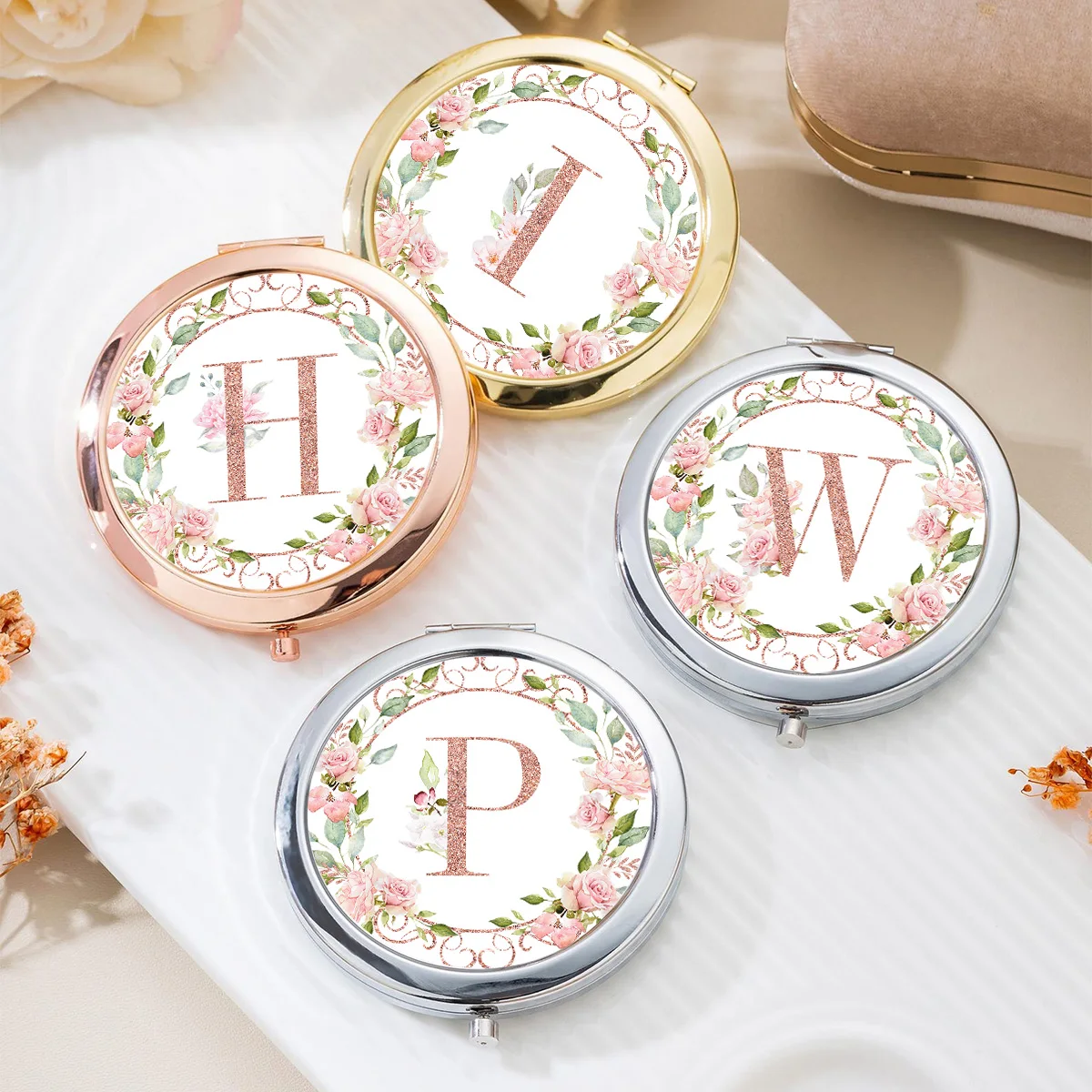 Silver border double-sided folding portable makeup mirror, personalized letter flower women's travel pocket mirror
Silver border double-sided folding portable makeup mirror, personalized letter flower women's travel pocket mirror