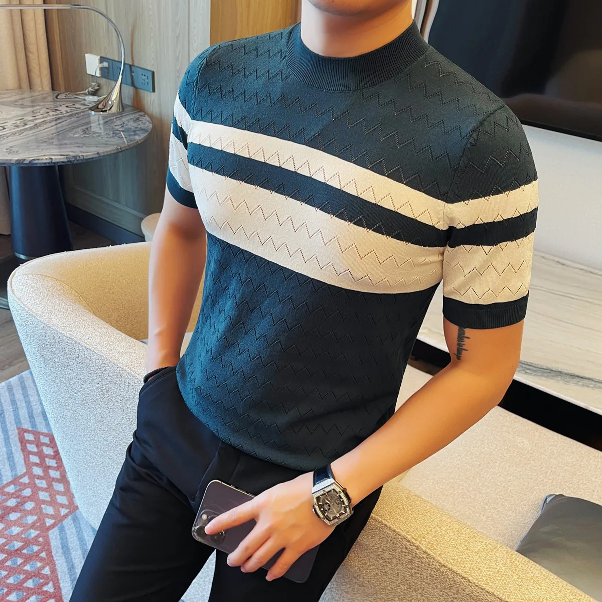 2025 New Knitted Ice Silk Short Sleeved T-shirt for Men's Summer Striped Round Neck Knitted Pullover Casual Business T-shirts
2025 New Knitted Ice Silk Short Sleeved T-shirt for Men's Summer Striped Round Neck Knitted Pullover Casual Business T-shirts
