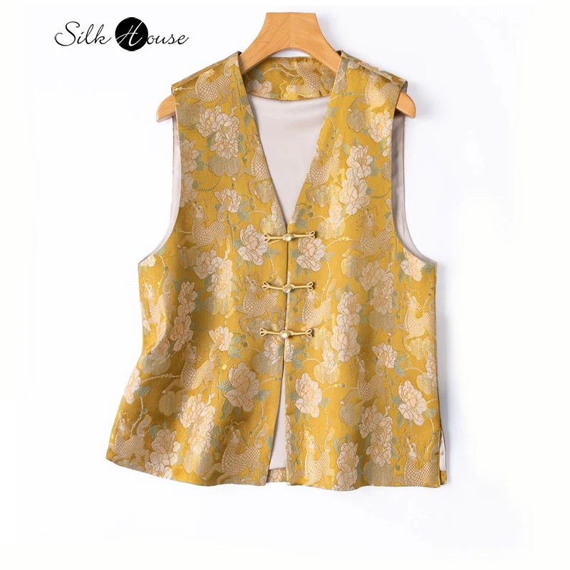 Spring and Autumn Fashion New Style Yellow Peony Natural Mulberry Silk Song Jin V-neck Vest Chinese Style Retro Hemp Fork
Spring and Autumn Fashion New Style Yellow Peony Natural Mulberry Silk Song Jin V-neck Vest Chinese Style Retro Hemp Fork
