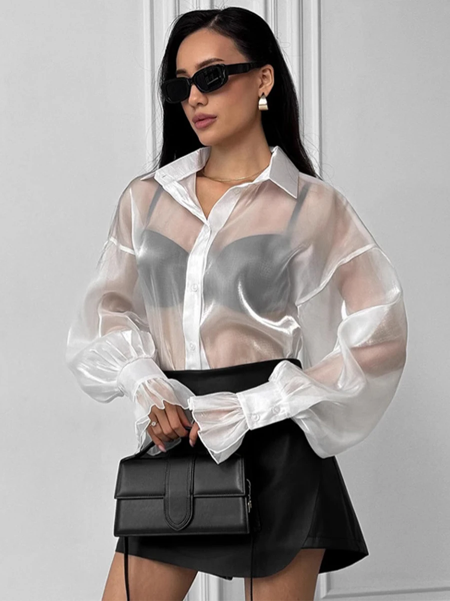New 2026 Mesh Transparent White Blouse Women Sexy French Style Shirt Tops Loose Turn-down Collar Flare Sleeve Casual 64069
New 2026 Mesh Transparent White Blouse Women Sexy French Style Shirt Tops Loose Turn-down Collar Flare Sleeve Casual 64069
