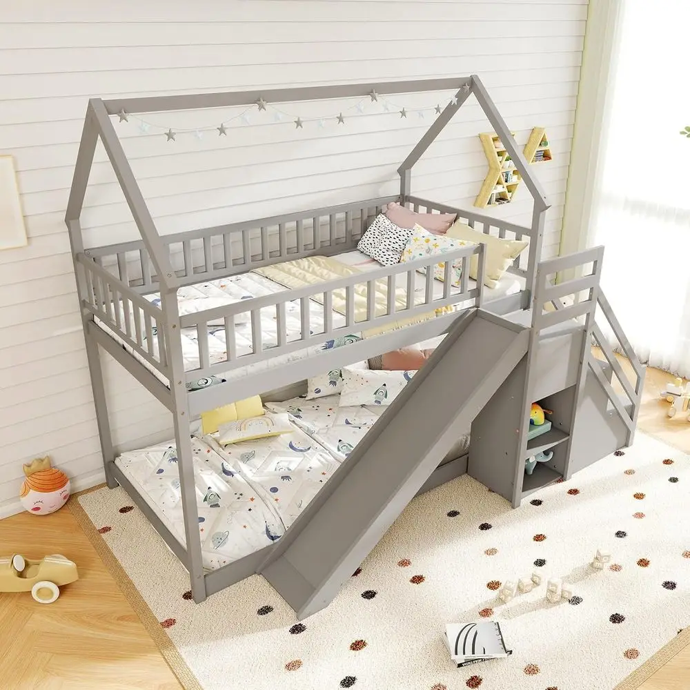 Twin Over Twin Bunk Bed with Slide & Stairs, Wooden Storage Shelves, No Box Spring, Suitable for Kids and Teens (Grey)
Twin Over Twin Bunk Bed with Slide & Stairs, Wooden Storage Shelves, No Box Spring, Suitable for Kids and Teens (Grey)