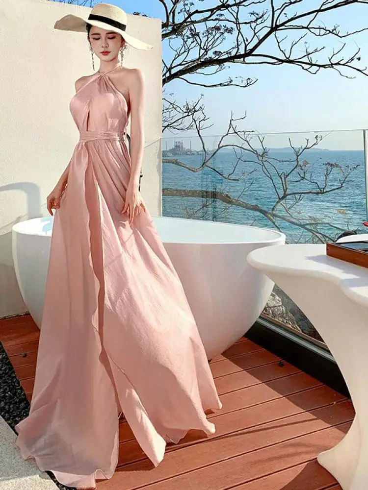 Women Pink High Waist Off Shoulder Slim Halter Lace-up Dresses Summer Sexy Sleeveless Backless Vacation Party Pleated Long Dress
Women Pink High Waist Off Shoulder Slim Halter Lace-up Dresses Summer Sexy Sleeveless Backless Vacation Party Pleated Long Dress