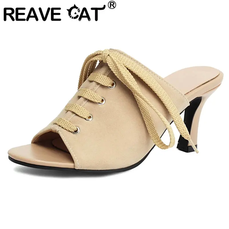 REAVE CAT Beige Women Sandals Round Toe 7.5cm Thin Heels Slip On Lace Up Flock Suede Large Size 41 42 43 Soft Mules Daily Shoes
REAVE CAT Beige Women Sandals Round Toe 7.5cm Thin Heels Slip On Lace Up Flock Suede Large Size 41 42 43 Soft Mules Daily Shoes