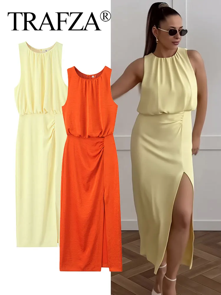 TRAFZA Elegant Midi Dress For Women Summer Sleeveless Solid O-Neck Split Hem Fold Summer Holiday Style Causal Dresses
TRAFZA Elegant Midi Dress For Women Summer Sleeveless Solid O-Neck Split Hem Fold Summer Holiday Style Causal Dresses