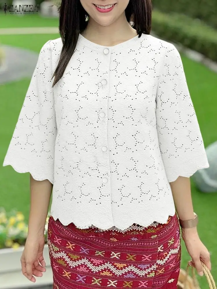 ZANZEA Fashion Openwork Embroidery Women Shirts 2026 Spring O-Neck 3/4 Sleeve Button Up Wavecut Hem Tops Patchwork Woman Clothes
ZANZEA Fashion Openwork Embroidery Women Shirts 2026 Spring O-Neck 3/4 Sleeve Button Up Wavecut Hem Tops Patchwork Woman Clothes