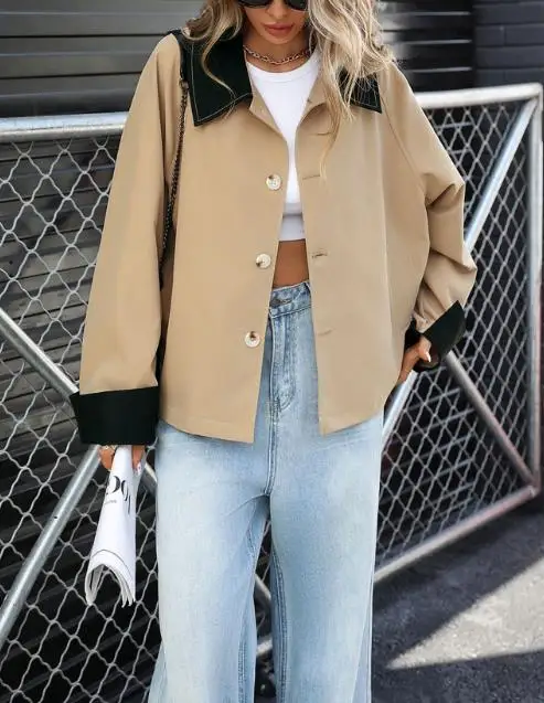 Women's Coat Spring and Autumn New Fashionable Casual Style Color Blocked Collar Design Button Front Loose Long Sleeve Coat
Women's Coat Spring and Autumn New Fashionable Casual Style Color Blocked Collar Design Button Front Loose Long Sleeve Coat