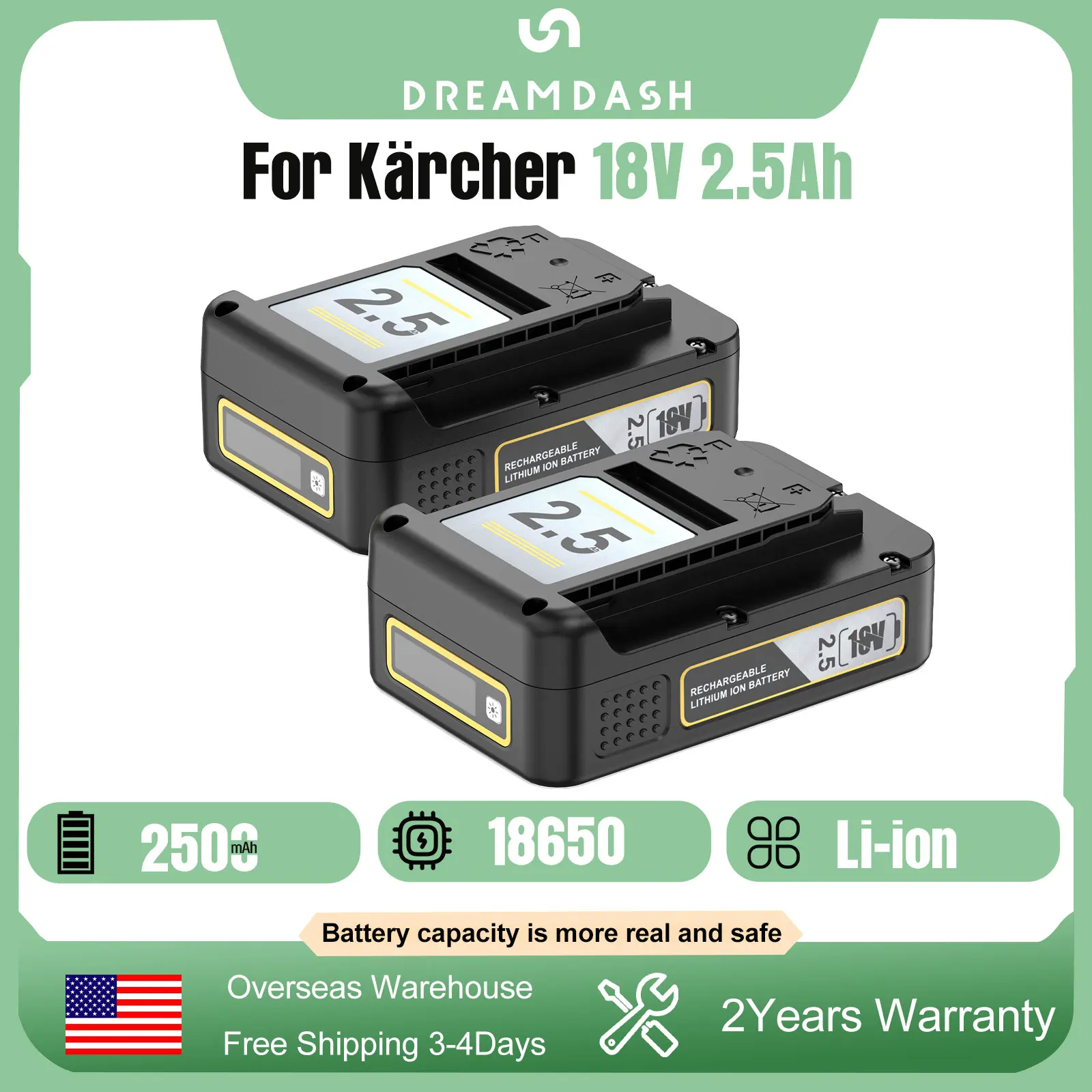 Dreamdash For Kärcher 18V 2.5Ah For Karcher Battery Power Platform Tools 24450350 GardenTool LTR18-30/HGE18-45/WD2-18
Dreamdash For Kärcher 18V 2.5Ah For Karcher Battery Power Platform Tools 24450350 GardenTool LTR18-30/HGE18-45/WD2-18