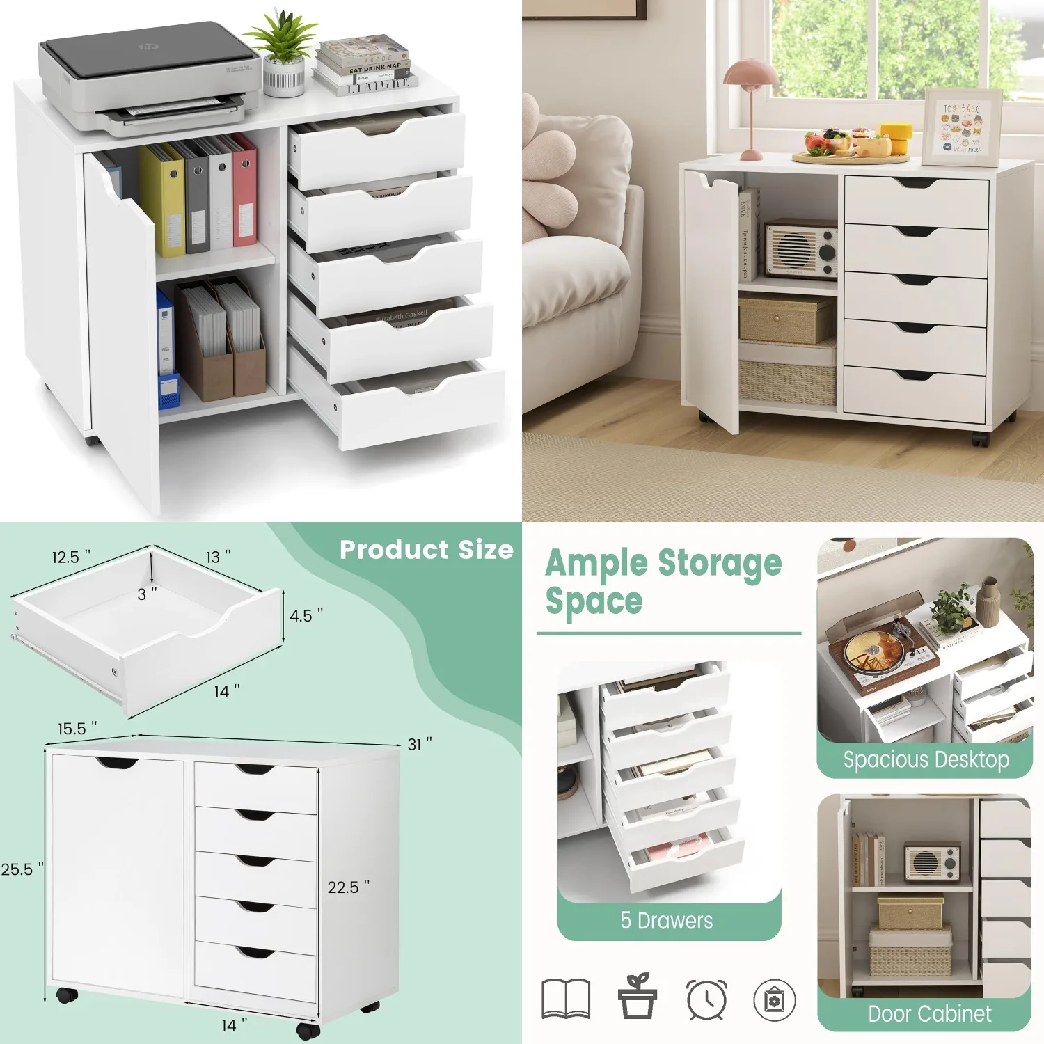 Lateral File Cabinet, 5 Drawers with Door, Adjustable Shelf, 5 Universal Wheels, Wooden Printer Stand with Storage,, Customized
Lateral File Cabinet, 5 Drawers with Door, Adjustable Shelf, 5 Universal Wheels, Wooden Printer Stand with Storage,, Customized