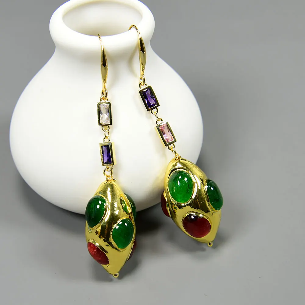 GG Natural Green Red Agate Yellow Gold Plated Olivary Shape CZ Chain Dangle Earrings Jewelry Gifts For Women
GG Natural Green Red Agate Yellow Gold Plated Olivary Shape CZ Chain Dangle Earrings Jewelry Gifts For Women