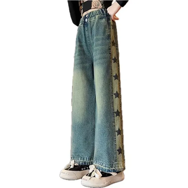 Jeans For Girl Vinatge Side Star Print Straight Wide Leg Pants Spring Autumn Children Casual High Quality Teenager Clothes 4-14Y
Jeans For Girl Vinatge Side Star Print Straight Wide Leg Pants Spring Autumn Children Casual High Quality Teenager Clothes 4-14Y
